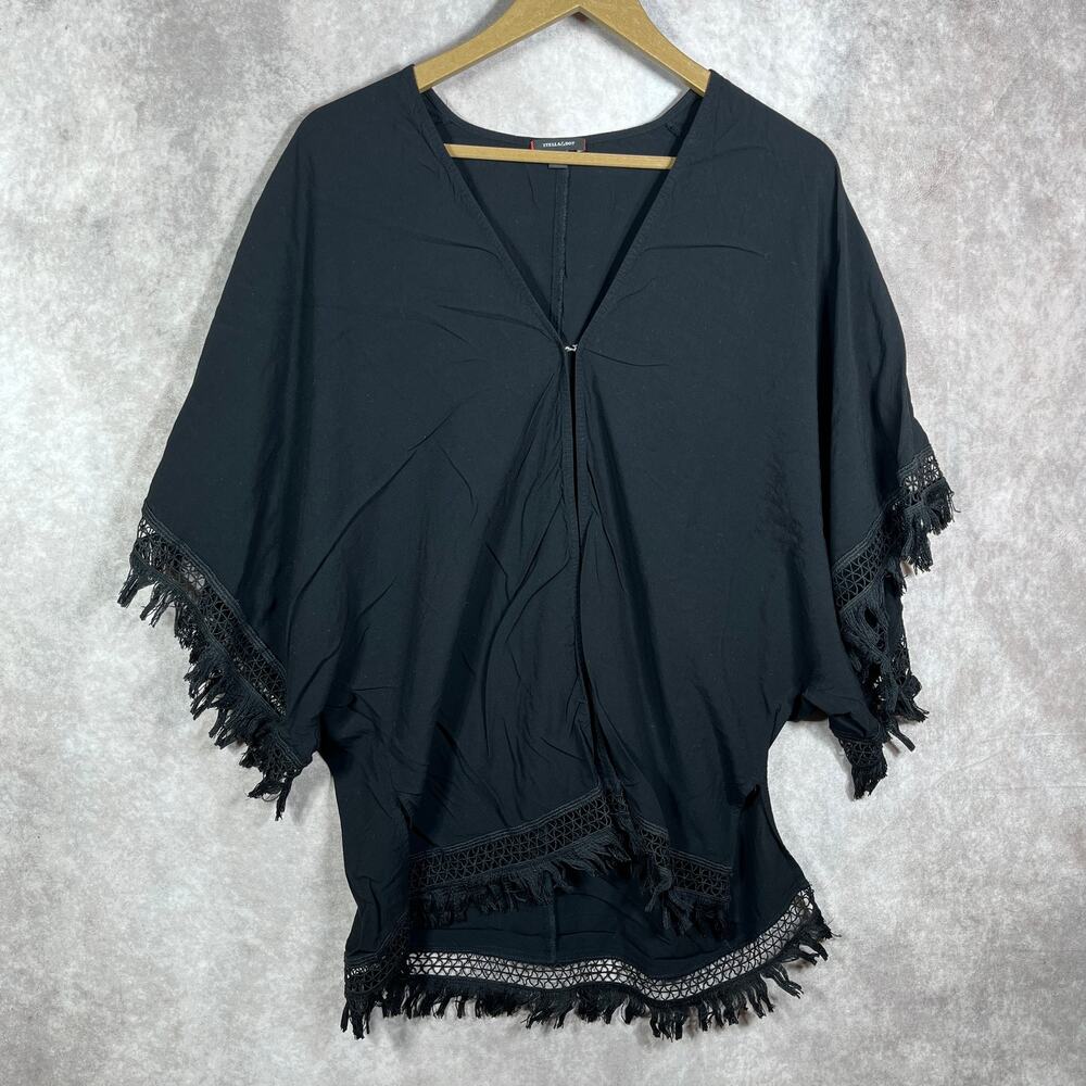Stella & Dot‎ Swim Cover Up Womens Size XS/S Black Fringe Trim Short Sleeves